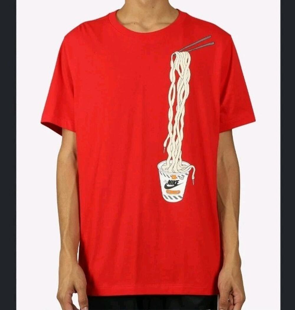Nike Mens Red Cup Of Noodles Air Shoelace Ramen Pullover T-Shirt Size Small